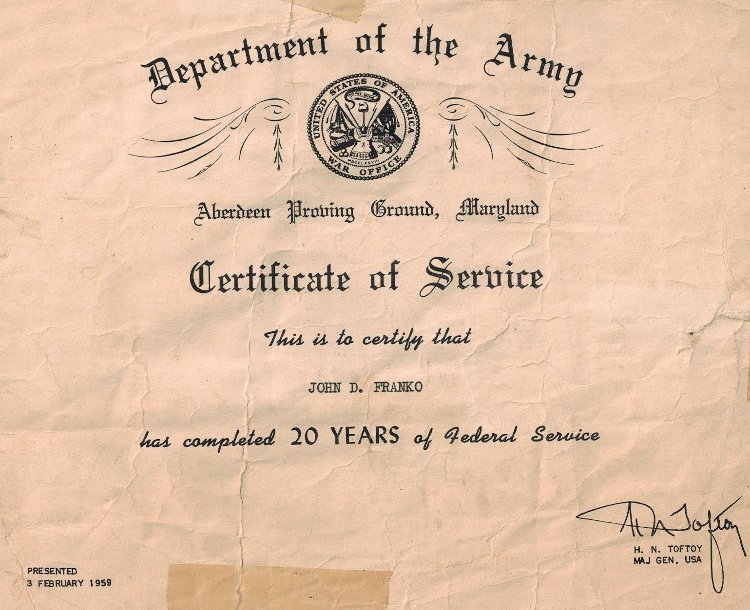 US Army - APG - Certificate of Service - 20 years - for John D. Franko