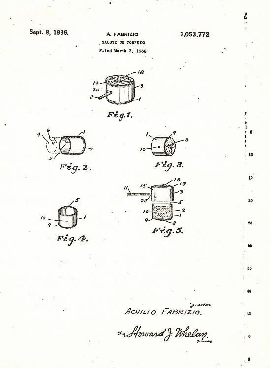 1936 patent for fireworks - Salutes-Torpedoes by Achillo Fabrizio of Havre de Grace MD - page 3