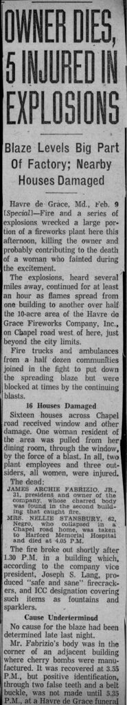 article from Sun Newspaper about the Havre de Grace Fireworks Co. Explosion, Feb. 9, 1960 - pt 1