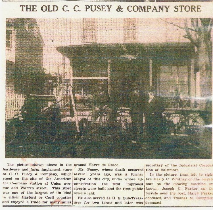 Newspaper clipping about The Old C. C. Pusey & Company Store in Havre de Grace.