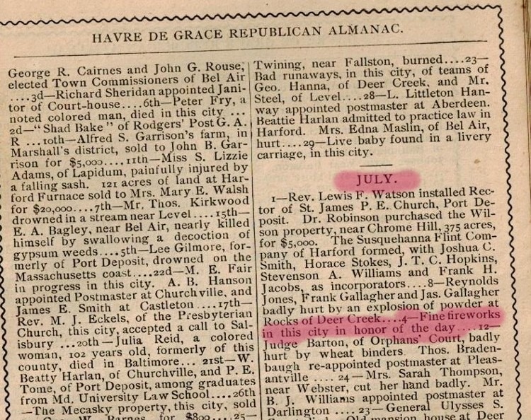 Havre de Grace Republican Almanac 1886 referencing July 4, 1885 fireworks
