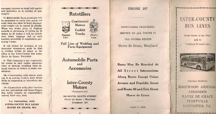 photo of a 1948 schedule for the Inter-County Bus Lines out of Havre de Grace, MD