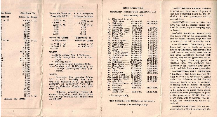 photo of the inside of the 1948 schedule for the Inter-County Bus Lines out of Havre de Grace, MD