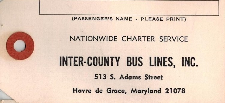 Photo of a baggage ticket for Inter-County Bus Lines in Havre de Grace - offering Nationwide Charter Service - located at 513 Adams Street.