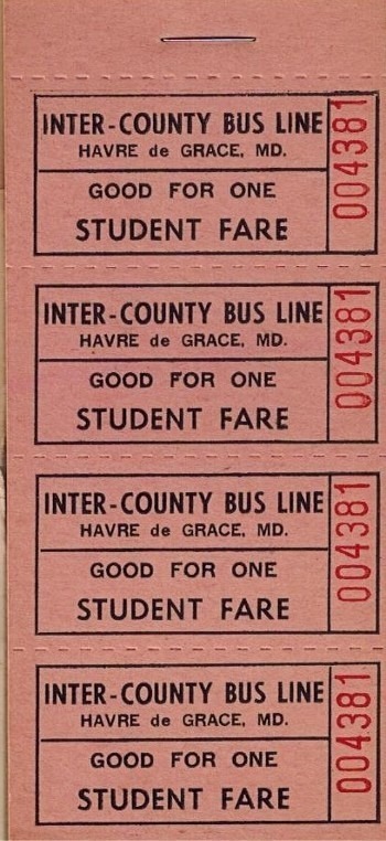 Image of Student Fare tickets for Inter-County Bus Lines in Havre de Grace, MD