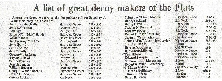A list of great decoy makers of the Susquehanna Flats created by author, J. Evans McKinney - Decoy Museum