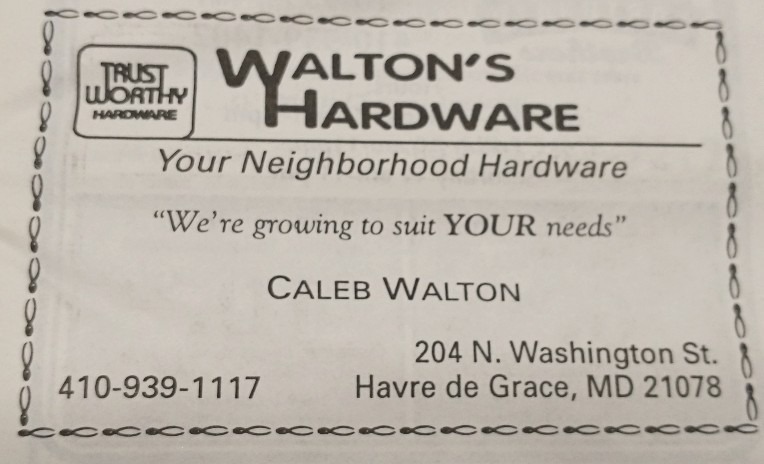 newspaper ad for Walton's Hardware at 202-204 N. Washington St in Havre de Grace.