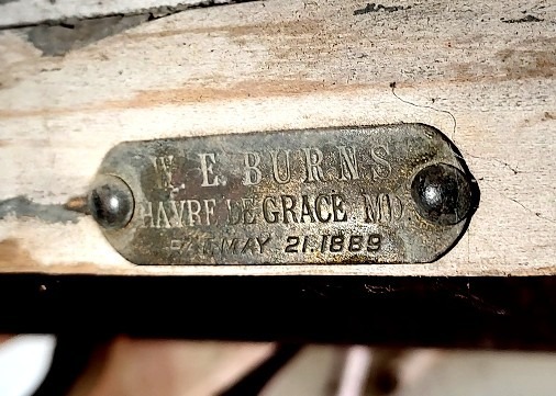 Tag on an old ice sled that reads: W. E. Burns, Havre de Grace, MD May 21, 1889 - Steppingstone Museum, Havre de Grace