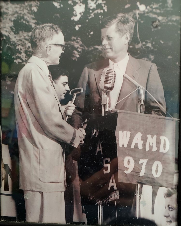 Havre de Grace Mayor Walter McLhinney presents the Key to the City to then-Senator John F Kennedy - 1960