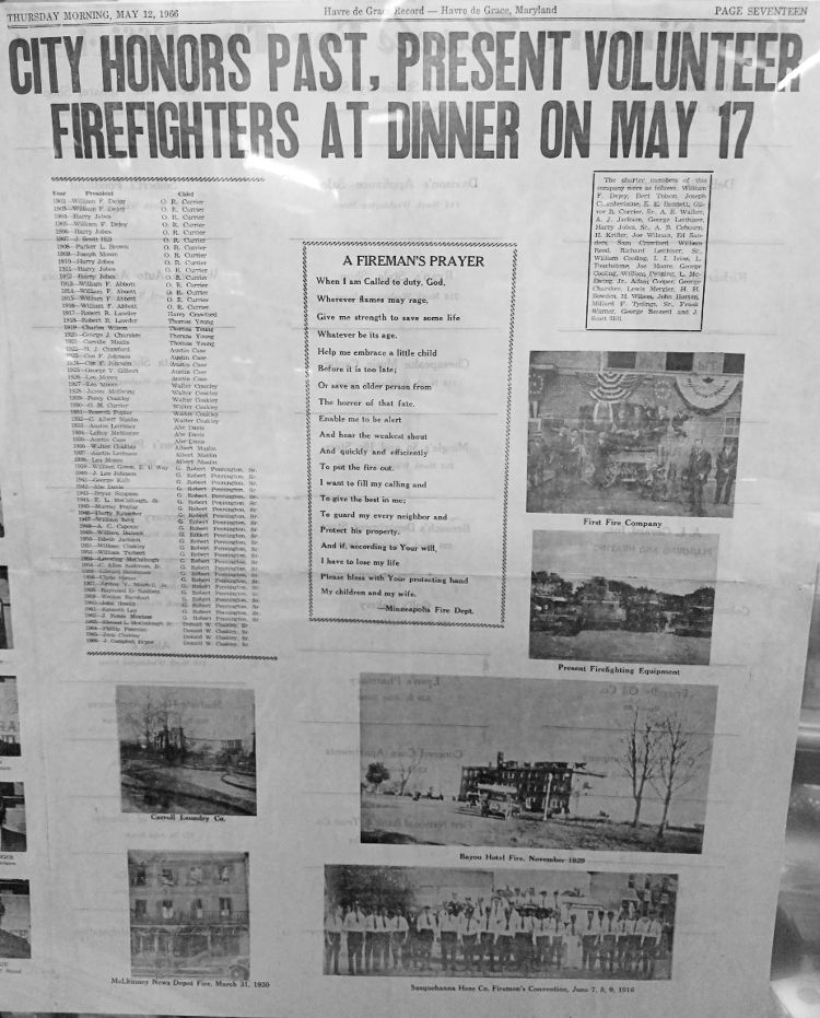 Havre de Grace Record 2-page spread celebrating Past and Present Volunteer Firefighters at a Dinner on May 17, 1966