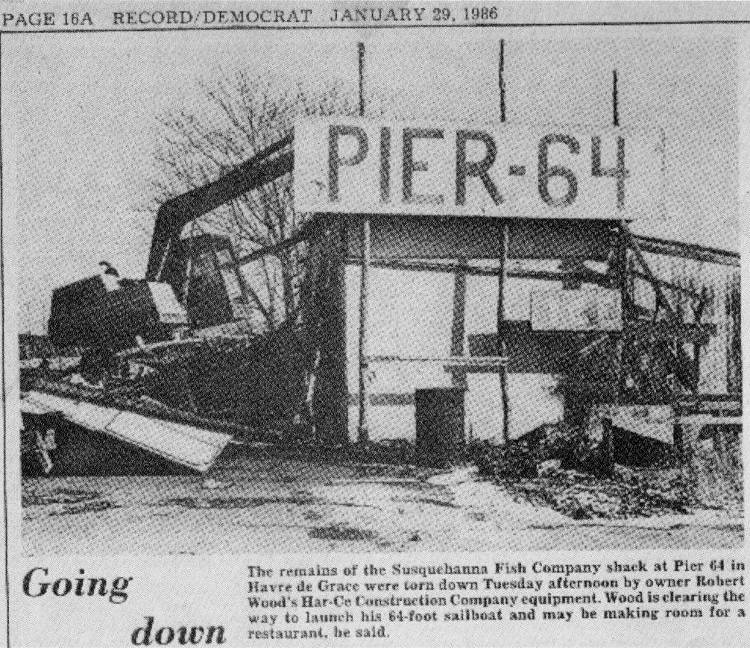 1986 - Pier-64 comes down to make way for the launch of "Hummer" - a 64-foot steel-hulled sailboat built by Bob Wood of Havre de Grace, MD