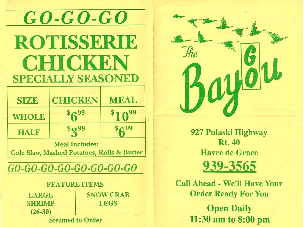 Bayou Restaurant's "TO GO" menu that was located on Route 40 in Havre de Grace