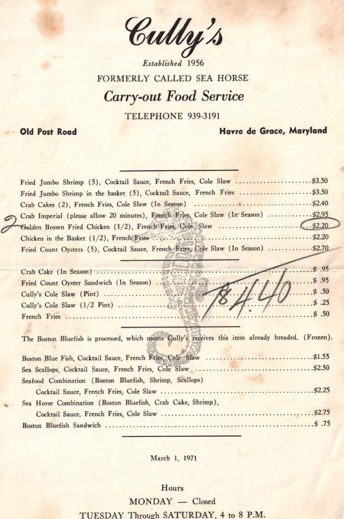menu from Cully's, formerly called Sea Horse, on Old Post Road (811 Revolution St), Havre de Grace, where Ultimate Drink Cafe is today.