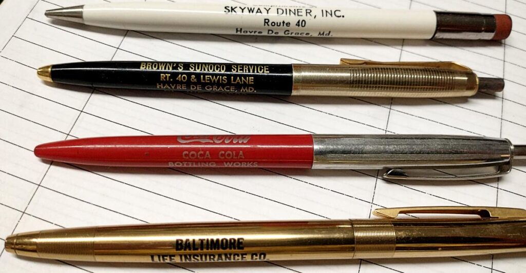 Promotional pens - Havre de Grace - Brown's Sunoco Service  on Rte 40 & Lewis Lane / Baltimore Life Ins. on Revolution St / Coca Cola Co on Revolution plus a Mechanical Pencil from Skyway Diner on Rte 40.