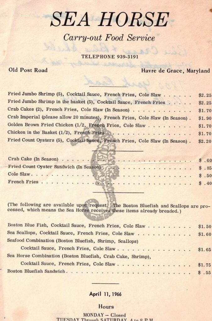 menu from Sea Horse, on Old Post Road (811 Revolution St), Havre de Grace, where Ultimate Drink Cafe is today.