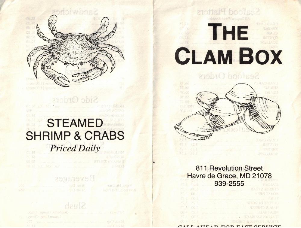 menu from The CLAM BOX on Old Post Road (811 Revolution St), Havre de Grace, where Ultimate Drink Cafe is today.