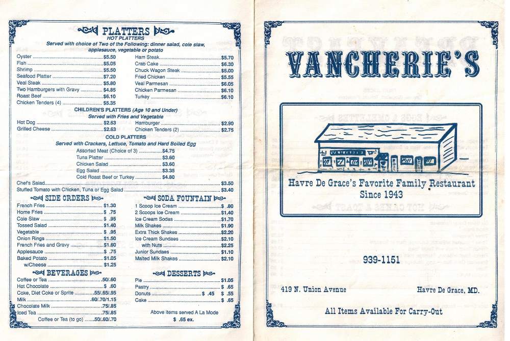 Vancherie's Restaurant menu at 419 N. Union Ave, Havre de Grace, where the Coakley's Cornerstone Liquors is today!