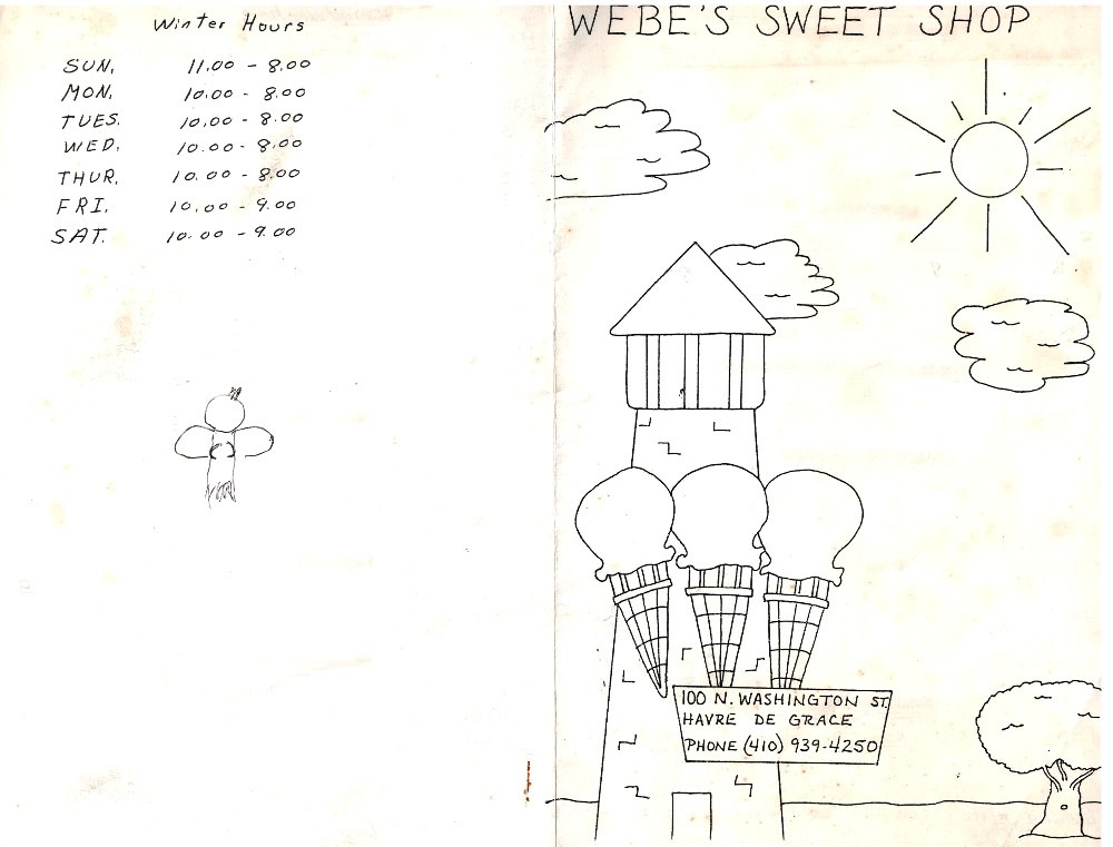 Webe's Sweet Shop menu at 100 N. Washington St in Havre de Grace, where Les Petits Bisous Delicious macarons are now!