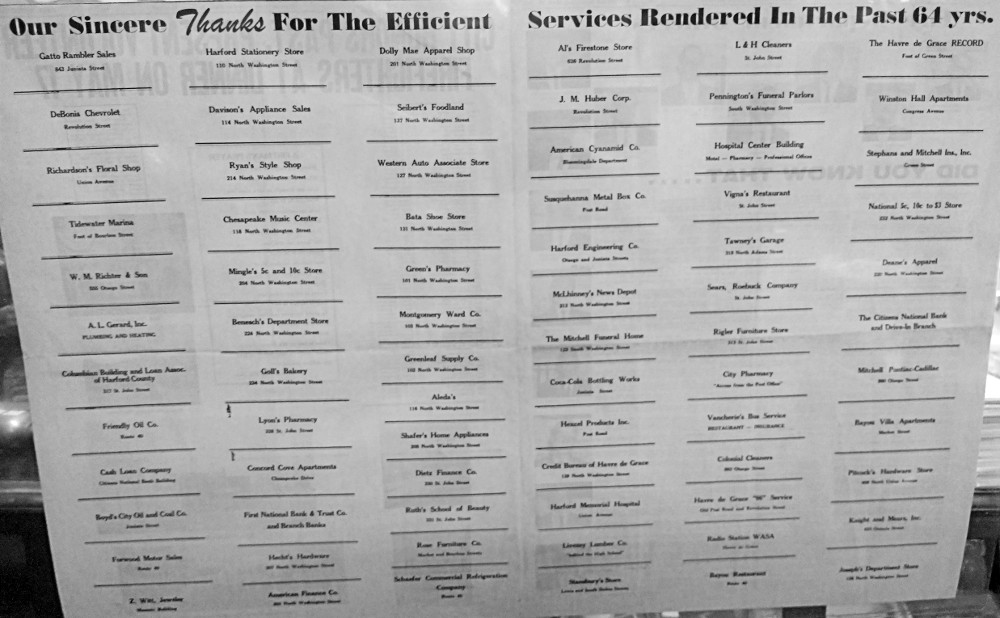 advertising list thanks our firefighters - Havre de Grace Record 2-page spread celebrating Past and Present Volunteer Firefighters at a Dinner on May 17, 1966