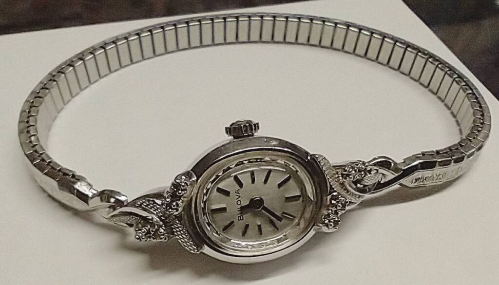 Beautiful silver watch given to Frances Zellman for her years of service at C&P Telephone Co. in Havre de Grace