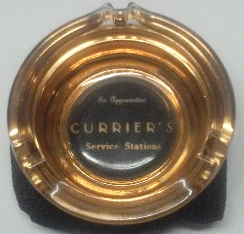 The Currier's Service Stations ashtray that our casual historian gave to the Matriarch Jane Currier in exchange for another advertising piece and a photo.