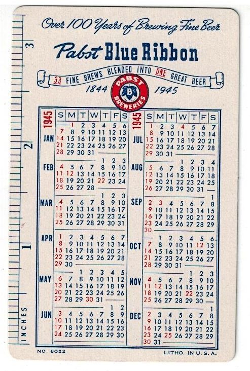 Pabst Advertising pocket calendar - 1945 - from Kathryn Asher, Havre de Grace Distributing Co