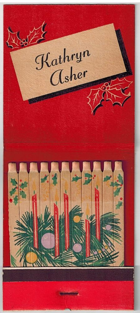 Seasons Greetings matchbook inside from Kathryn Asher, Havre de Grace Distributing Co