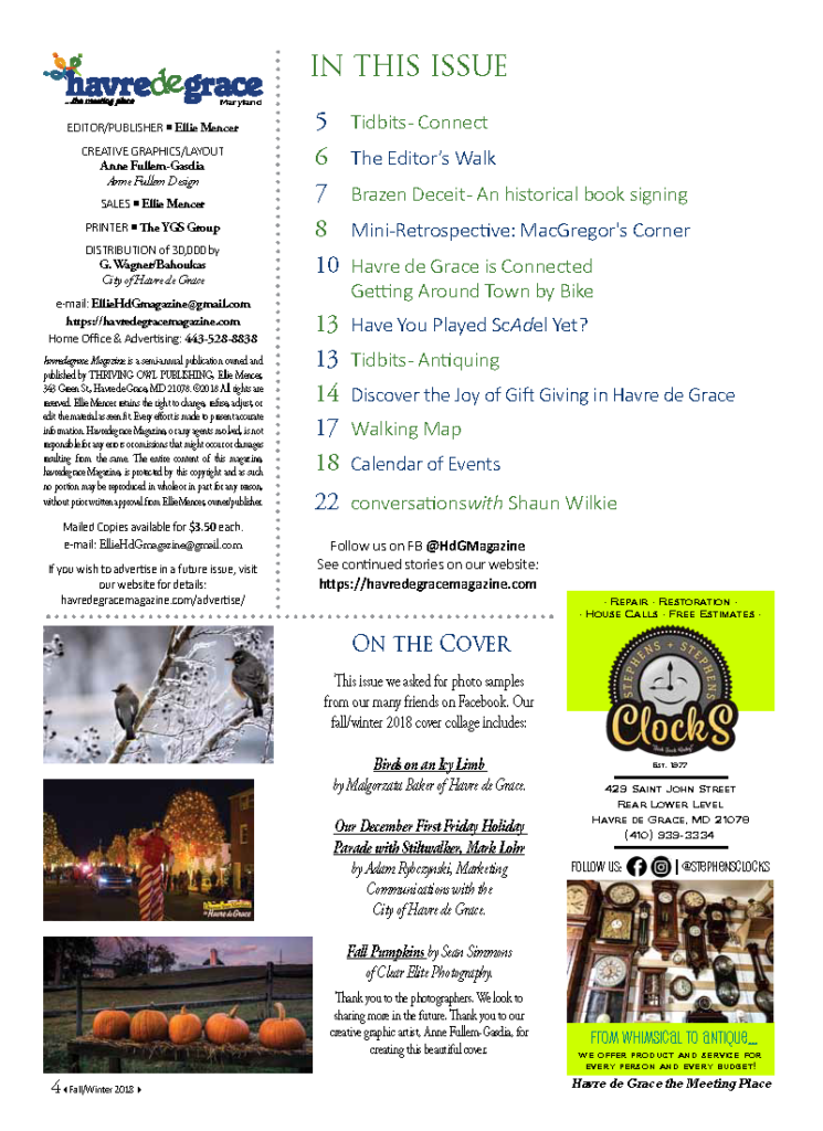 Index page for Fall/Winter issue of 2018 Havre de Grace Magazine