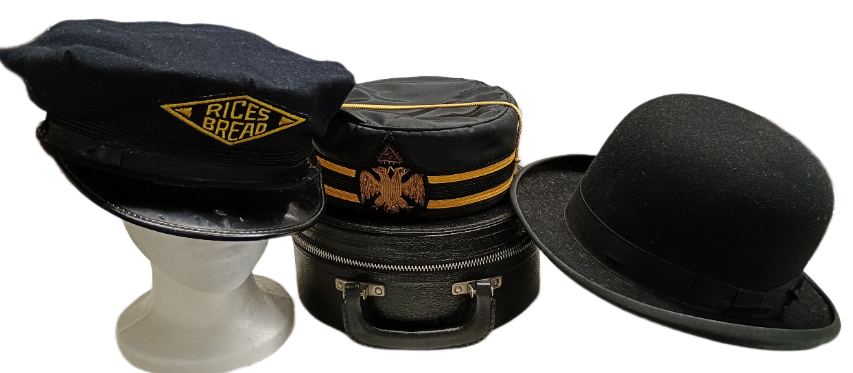 Favorite hats in George's collection of Havre de Grace Hats & Caps - including a Rice's Bakery Delivery Cap, a 32nd Scottish Rite Camp, and a Stetson Bolo Derby Hat from the 1930s - both from the Harris' estate - all can be seen in the Havre de Grace History MuZeum inside BAHOUKAS ANTIQUE MALL in Havre de Grace.