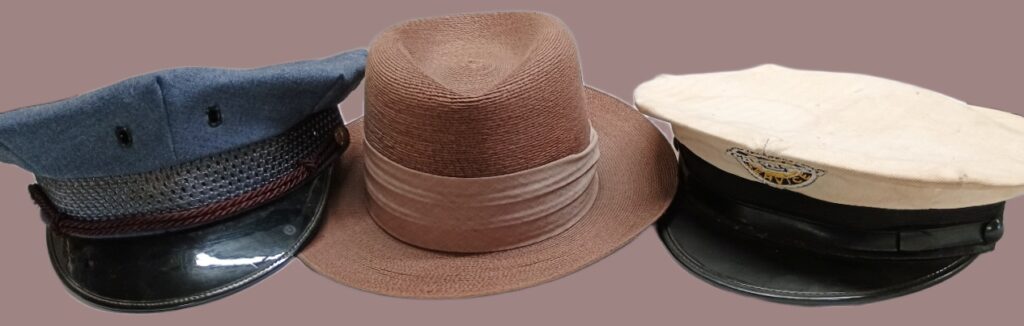 A postal carriers' cap from Joseph's Dept Store attic, a 32nd Degree Scottish Rite Cap and Stetson Bolo Derby Hat from the 1930s, both from the Harris' estate - all found in the Havre de Grace History MuZeum at Bahoukas Antique Mall in Havre de Grace