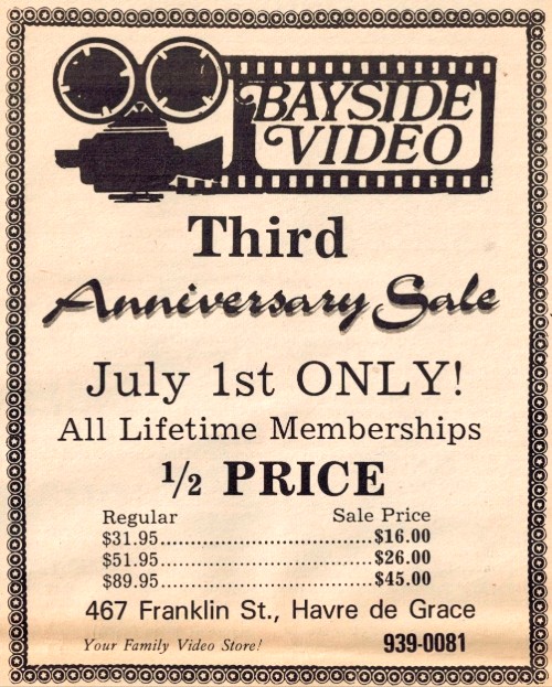 Bayside Video ad in Old Post Office Building after being rebuilt following a fire - located at Franklin St & Union Ave in Havre de Grace MD