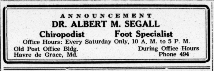 Ad for Chiropodist located in the Old Post Office building at Franklin St & Union Ave in Havre de Grace