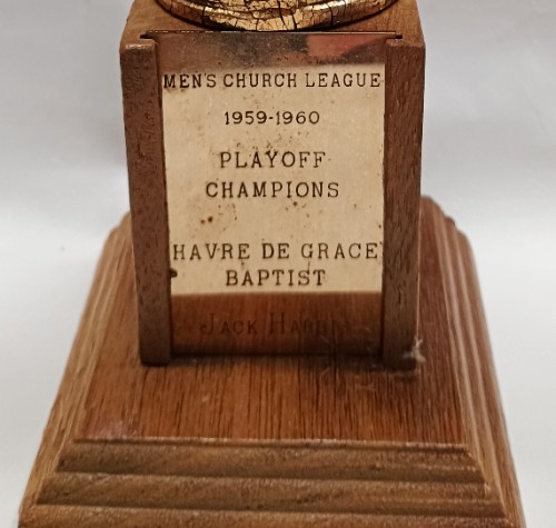 Mens Church League 1959-60 Playoff Champions Bowling Trophy for Havre de Grace Baptist - can be seen at Havre de Grace History MuZeum at Bahoukas Antique Mall in Havre de Grace