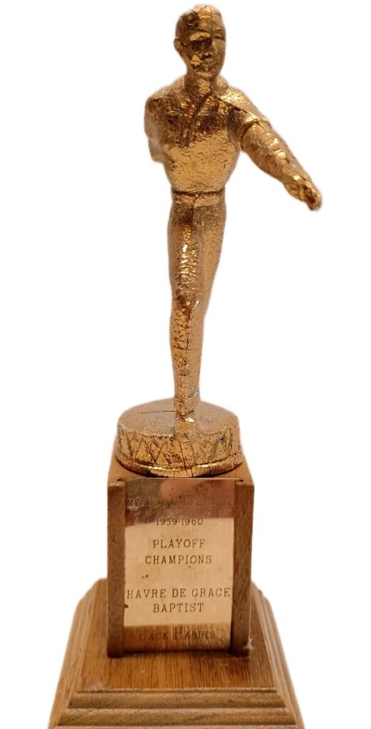 Mens Church League 1959-60 Playoff Champions Bowling Trophy for Havre de Grace Baptist - can be seen at Havre de Grace History MuZeum at Bahoukas Antique Mall in Havre de Grace
