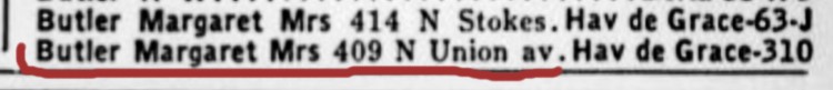 Margaret Butler listing in old phone book 1939, owned Vogue Beauty Salong at 409 N. Union Ave, Havre de Grace - addition on the north end of the McCombs Old Post Office Building (Franklin St & N Union Ave)