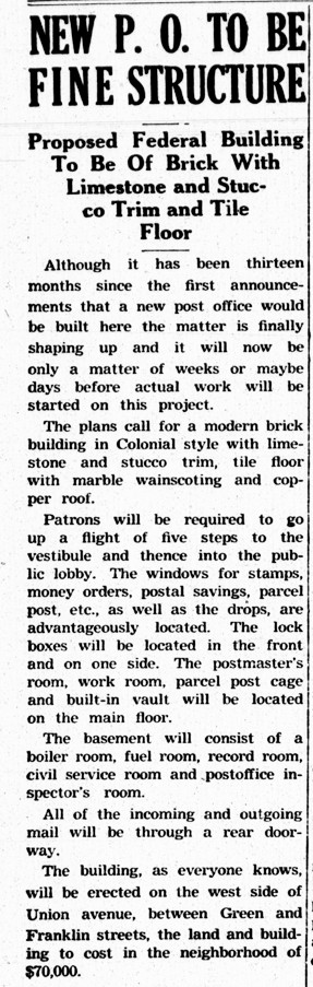 1935 article about a new post office to be built at Franklin St & Union Ave in Havre de Grace MD