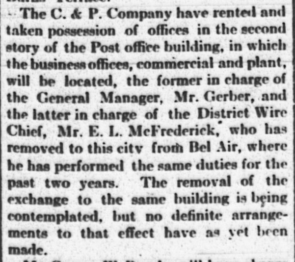 News Article about the C&P Co renting offices in the 2nd story of the Old Post Office bldg at Franklin St & Union Ave in Havre de Grace MD