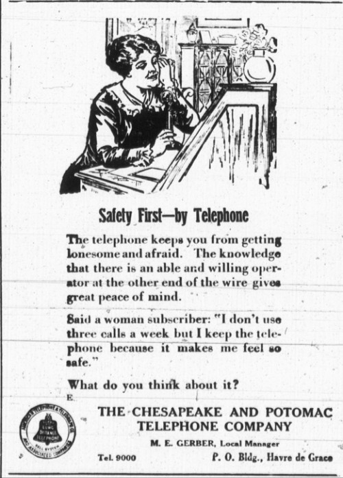 Ad for C&P Telephone Company located in the Old Post Office at Franklin St & Union Ave in Havre de Grace, MD