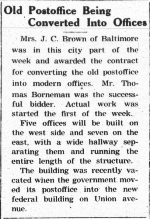 1937 - news article - Old Post Office at Franklin & Union in Havre de Grace being converted into offices.