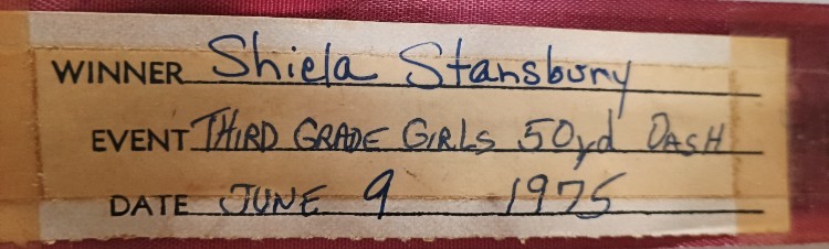 Havre de Grace Elementary School Field Day first place ribbon for Third Grade Girls 50 yd Dash June 9, 1975 - can be seen at Havre de Grace History MuZeum at Bahoukas Antique Mall in Havre de Grace