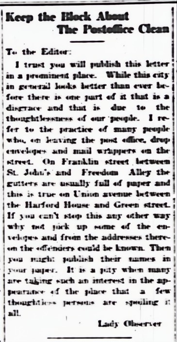 Letter to the Editor re: trash junk mail littering the area around the Old Post Office at Franklin St & Union Ave in Havre de Grace