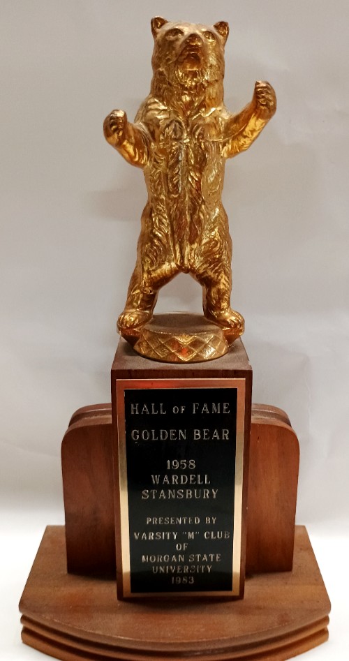 Hall of Fame Golden Bear trophy - 1958 Wardell Stansbury - for track - presented by Varsity "M" Club of Morgan State University 1983 - can be seen at Havre de Grace History MuZeum at Bahoukas Antique Mall in Havre de Grace