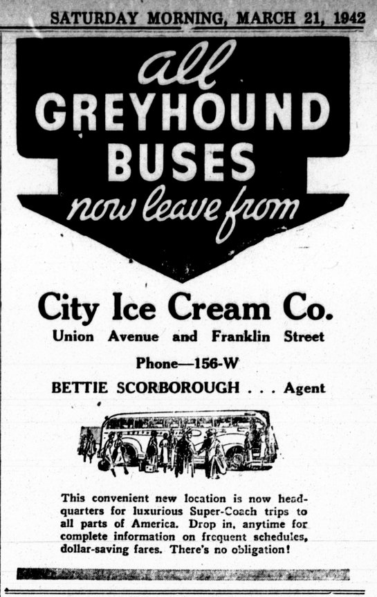 City Ice Cream Company ad in 1942, located at Franklin St & Union Ave in Havre de Grace, was also where all Greyhound buses departed! Part of 3-part series on the McCombs Old Post Office Building.