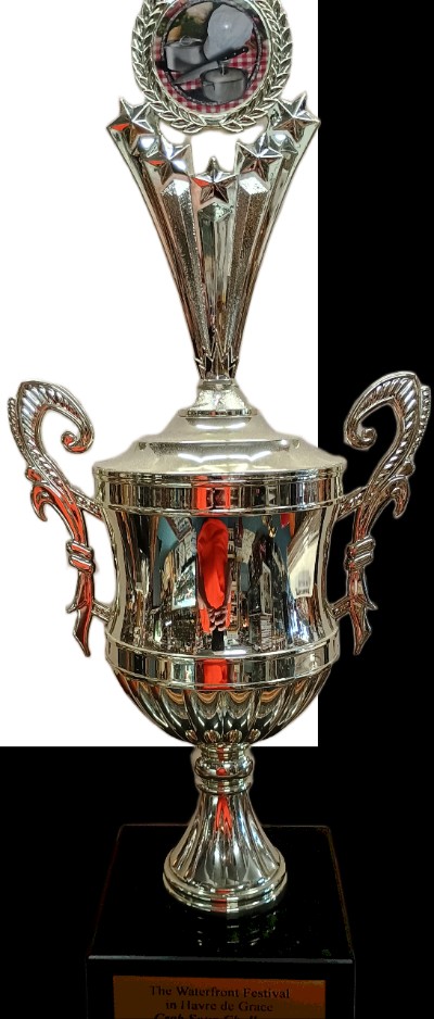 2022 trophy for The Waterfront Festival in Havre de Grace Crab Soup Challenge CHAMPION - can be seen at Havre de Grace History MuZeum at Bahoukas Antique Mall in Havre de Grace