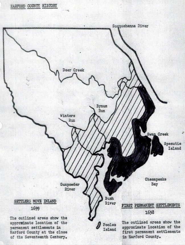 map showing Harford County settlers moving inland 1658 to 1699