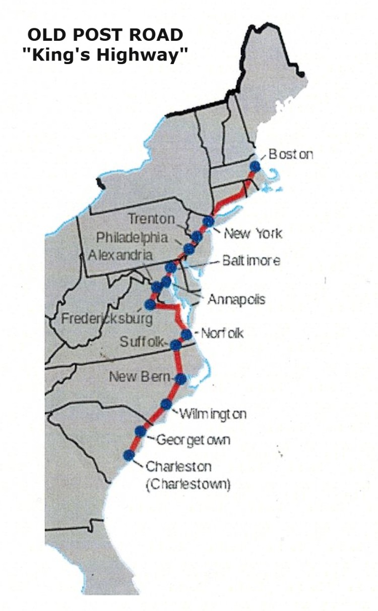map-old-post-road Map of Old Post Road (King's Highway) - 1700s