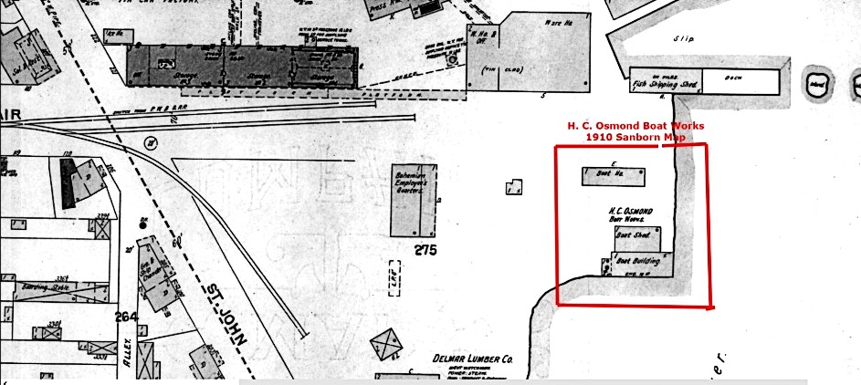 Location of H. C. Osmond Boat Works on the 1910 Sanborn Map.