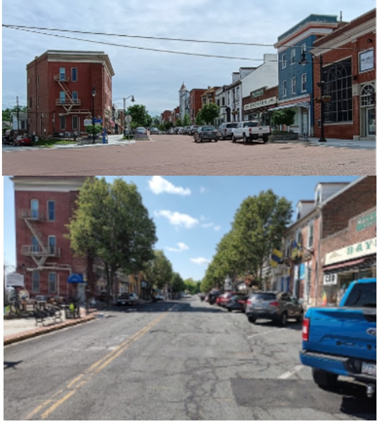 A before and after photo of the renovations of Washington Street in Havre de Grace MD